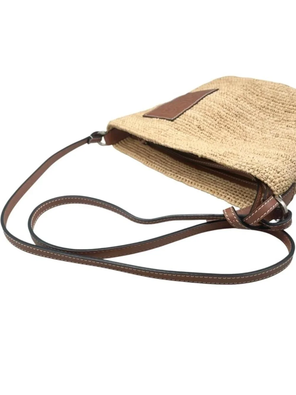 Loewe Shoulder Bag Slit Pochette Raffia Calfskin Anagram Logo Patch Natural